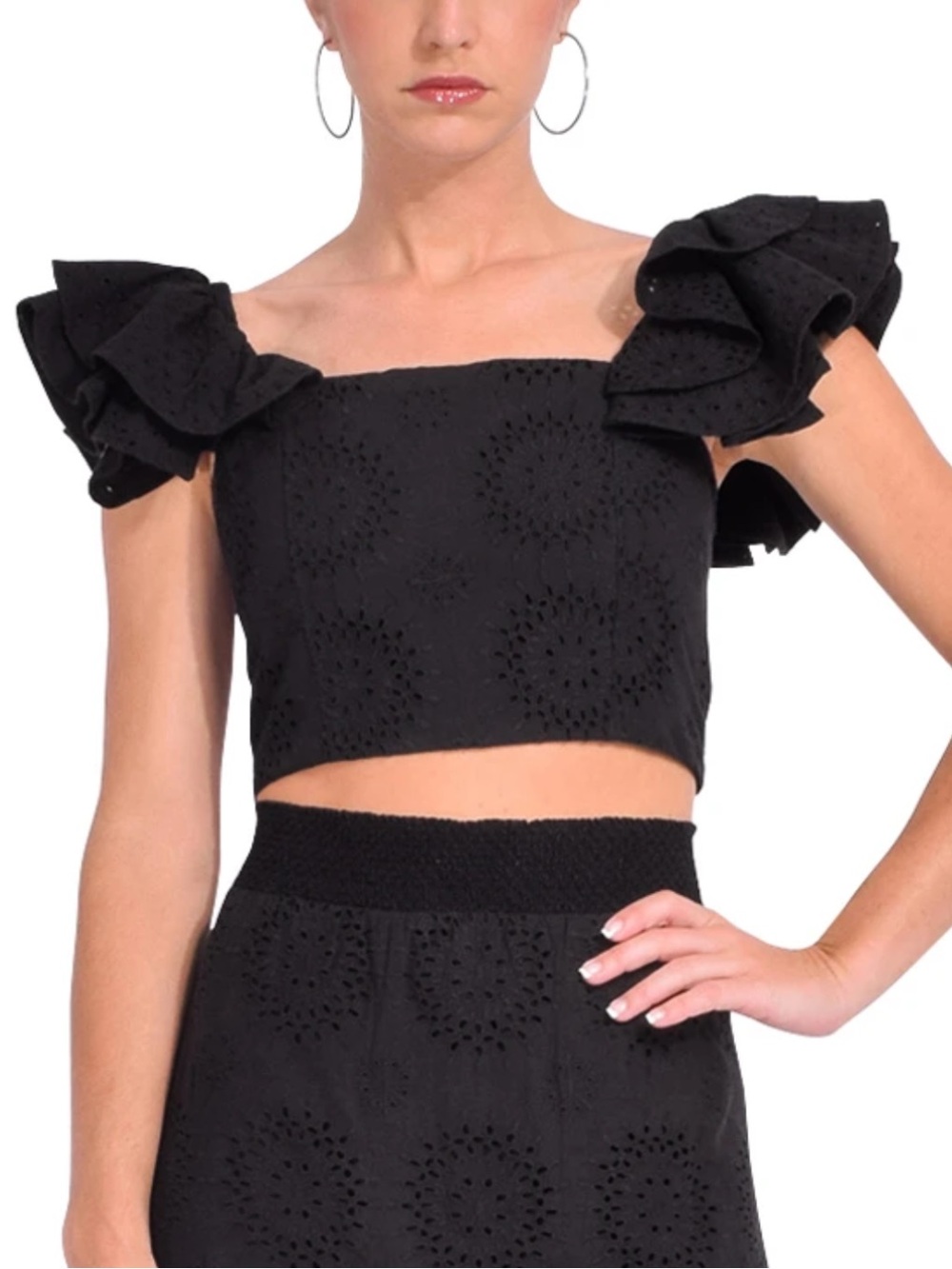Alice + Olivia Tawny Ruffled Broderie Anglaise Lace Crop Top in Black 2 $395